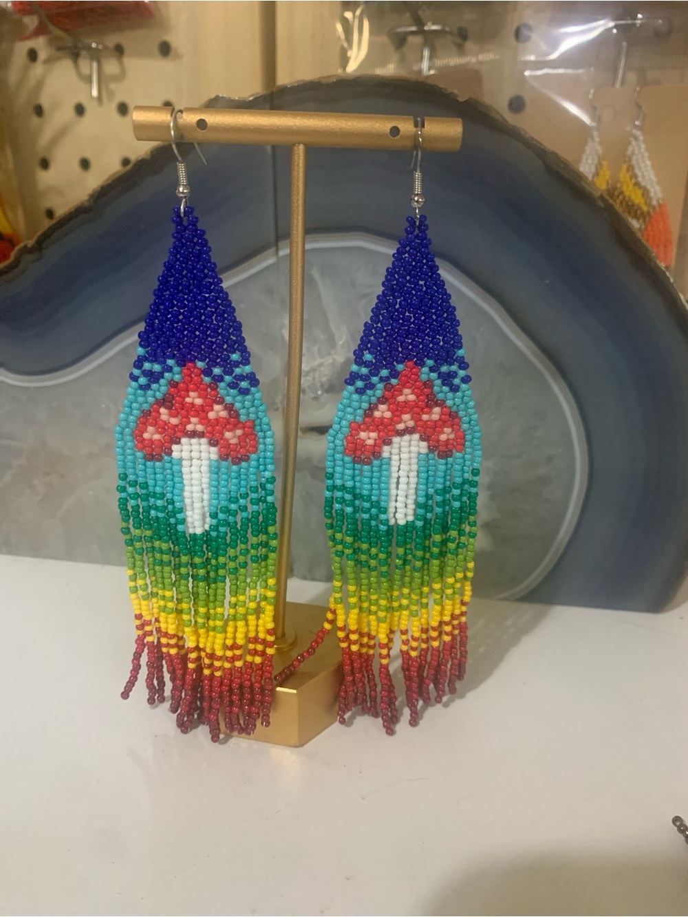 Handmade Rainbow Mushroom Beaded Fringe Earrings - Multicolor